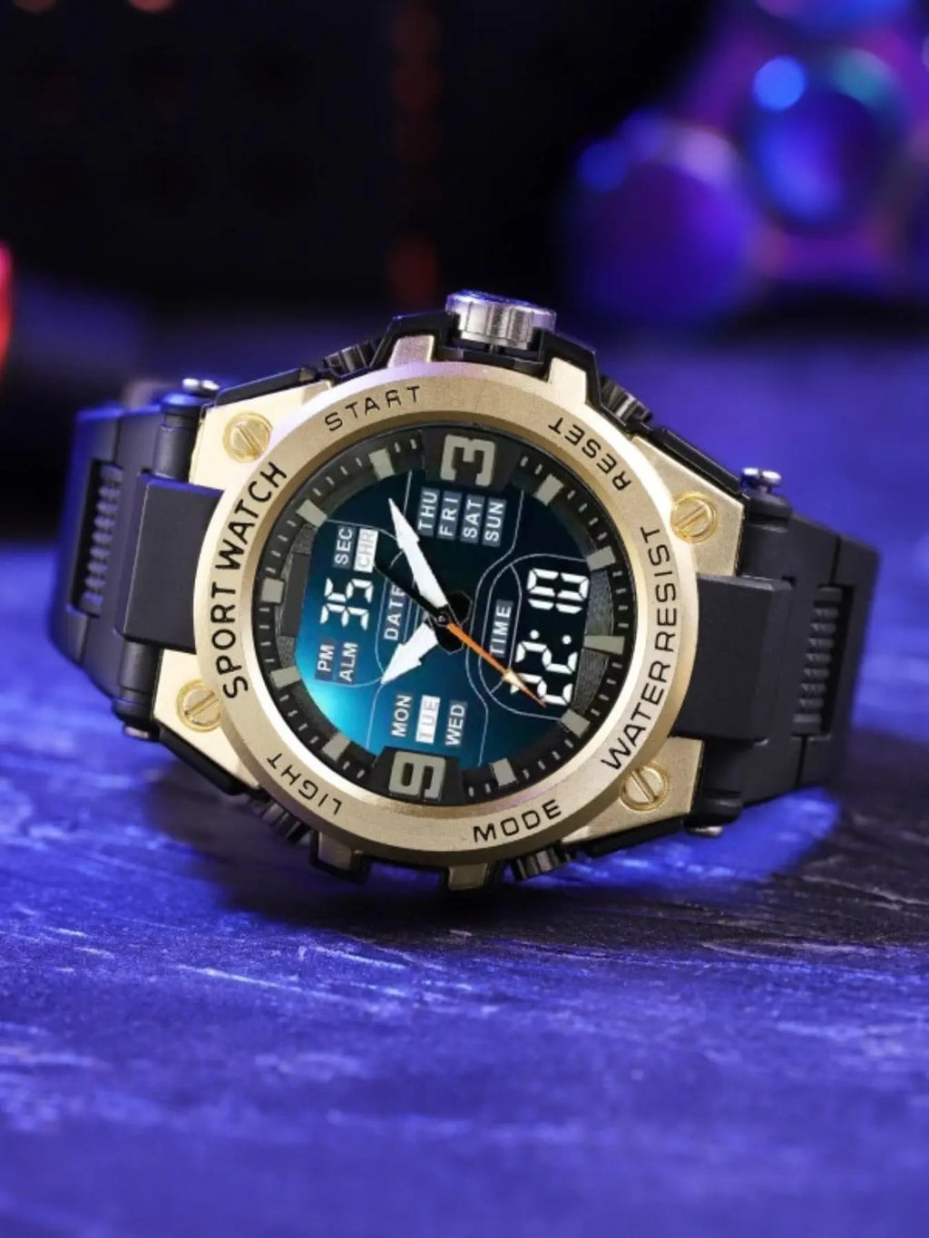 Men'S Teenager School Student Trendy Multifunctional Night Light Alarm Waterproof Sports Watch, Analog Digital Quartz, round Face, Blue Dial, Sporty Style