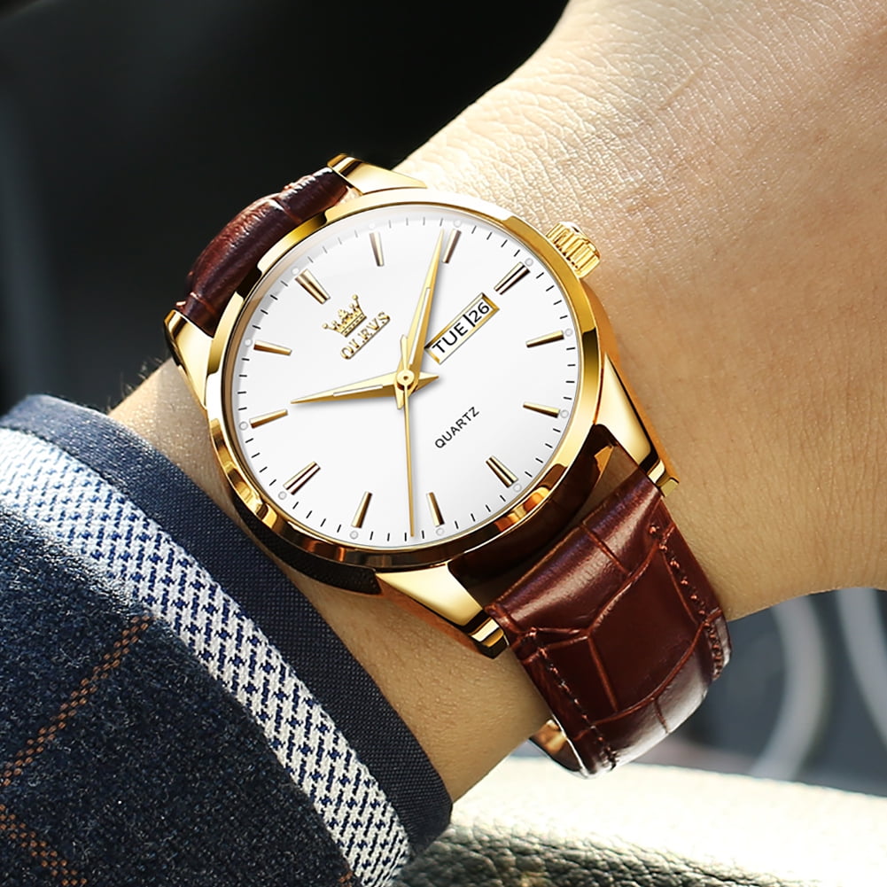 Mens Watches,Brown Leather Watch for Men,Gold Plated Case Analog Quartz Fashion Business Dress Watch Luminous Waterproof Casual Male Wrist Watches Reloj Para Hombre