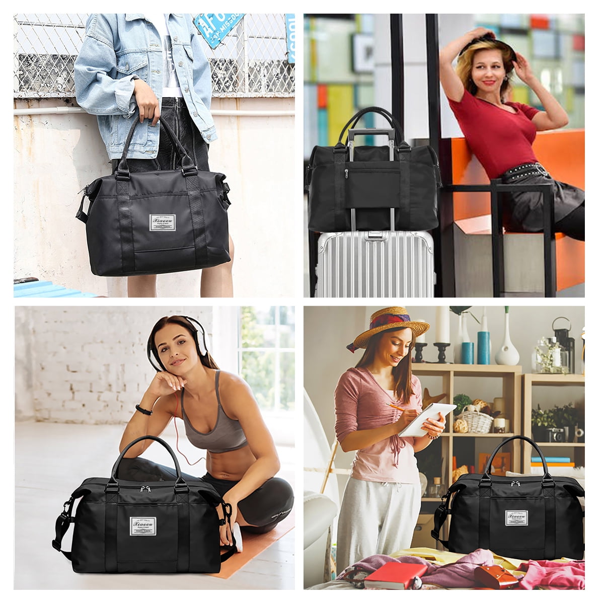 37L Travel Duffle Bag, Waterproof Weekender Carry on Tote Bags for Women, Sport Gym Bag for Men, Hospital Bag for Labor and Delivery, Overnight Luggage Bag with Trolley Sleeve Coral, Black