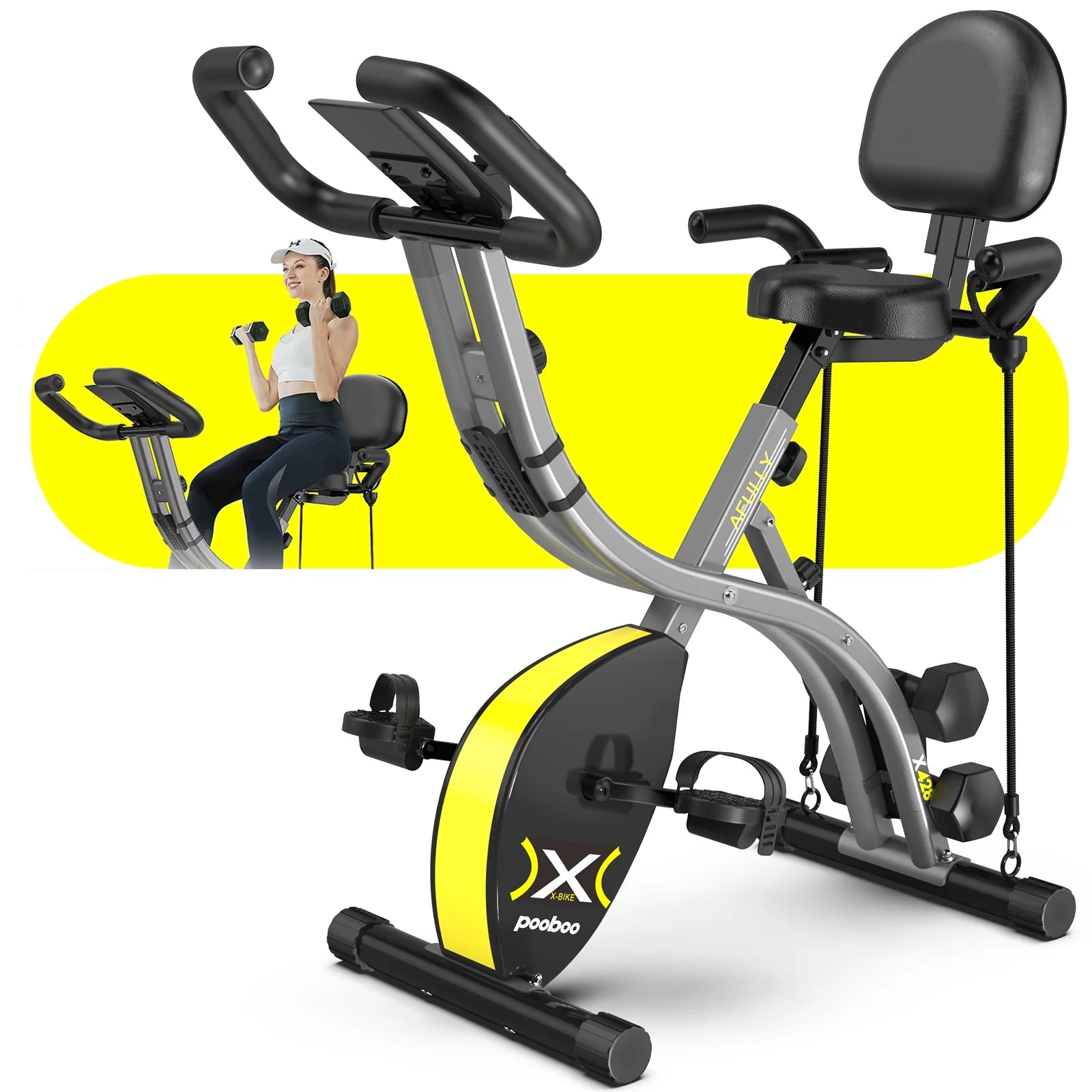 Folding Cycling Bicycle Magnetic Exercise Bike Fitness Indoor Upright Stationary Bike with Dumbbells and Resitance Bands for Home Cardio Workout Weight up to 300 LBS