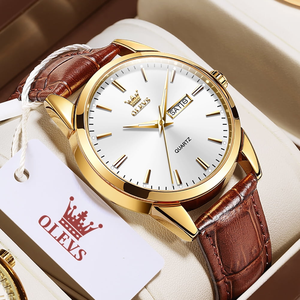 Mens Watches,Brown Leather Watch for Men,Gold Plated Case Analog Quartz Fashion Business Dress Watch Luminous Waterproof Casual Male Wrist Watches Reloj Para Hombre