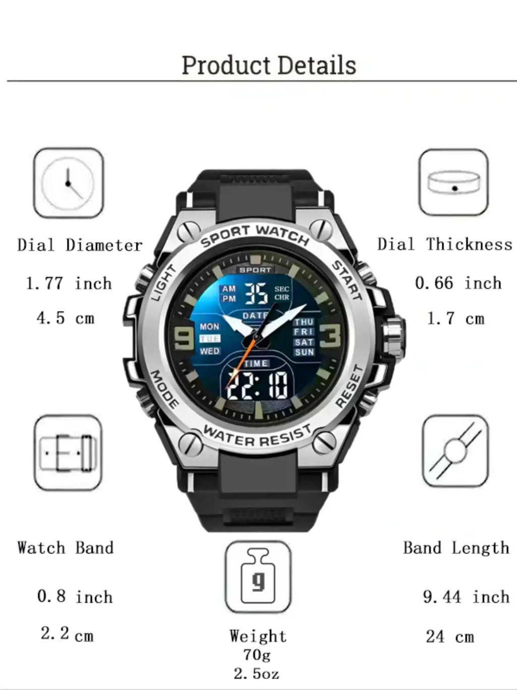 Men'S Teenager School Student Trendy Multifunctional Night Light Alarm Waterproof Sports Watch, Analog Digital Quartz, round Face, Blue Dial, Sporty Style