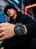 Men'S Teenager School Student Trendy Multifunctional Night Light Alarm Waterproof Sports Watch, Analog Digital Quartz, round Face, Blue Dial, Sporty Style