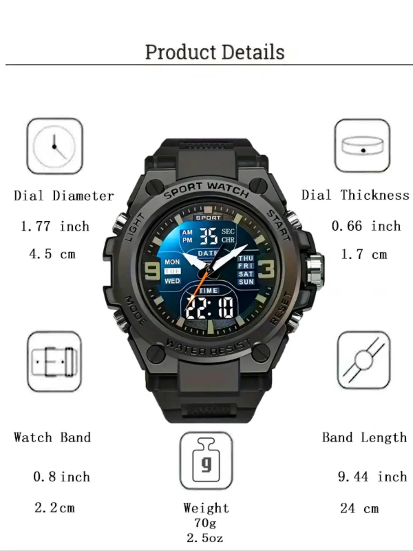 Men'S Teenager School Student Trendy Multifunctional Night Light Alarm Waterproof Sports Watch, Analog Digital Quartz, round Face, Blue Dial, Sporty Style