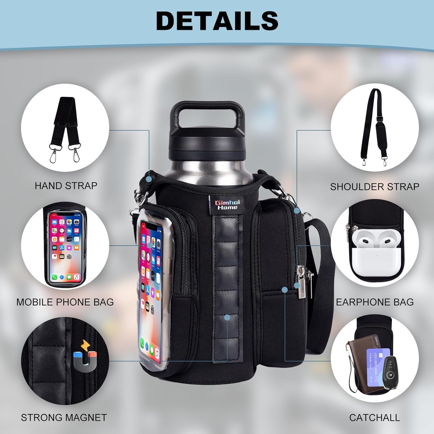 Magnetic Gym Bags for Men & Women with Adjustable Strap,Magnetic Bag Water Bottle Holder for Travel, Work,Sports,Water Bottle Sling Bag with Pocket (Black)