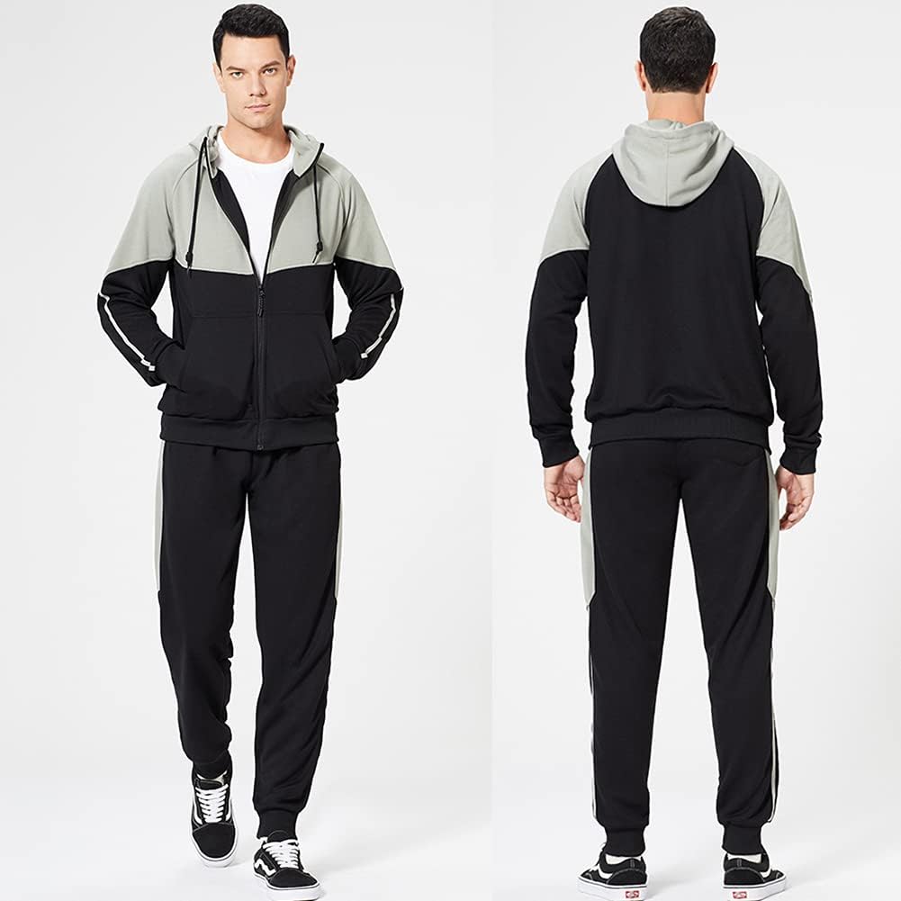 Elevate Your Style with the CALUOMATT Men's Hooded Athletic Tracksuit - Full-Zip Jogging Sweatpants Set in Trendy Patchwork Design