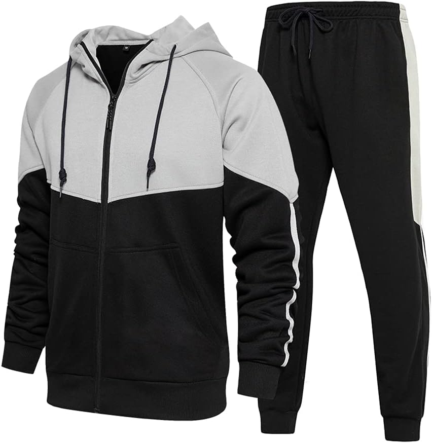 Elevate Your Style with the CALUOMATT Men's Hooded Athletic Tracksuit - Full-Zip Jogging Sweatpants Set in Trendy Patchwork Design