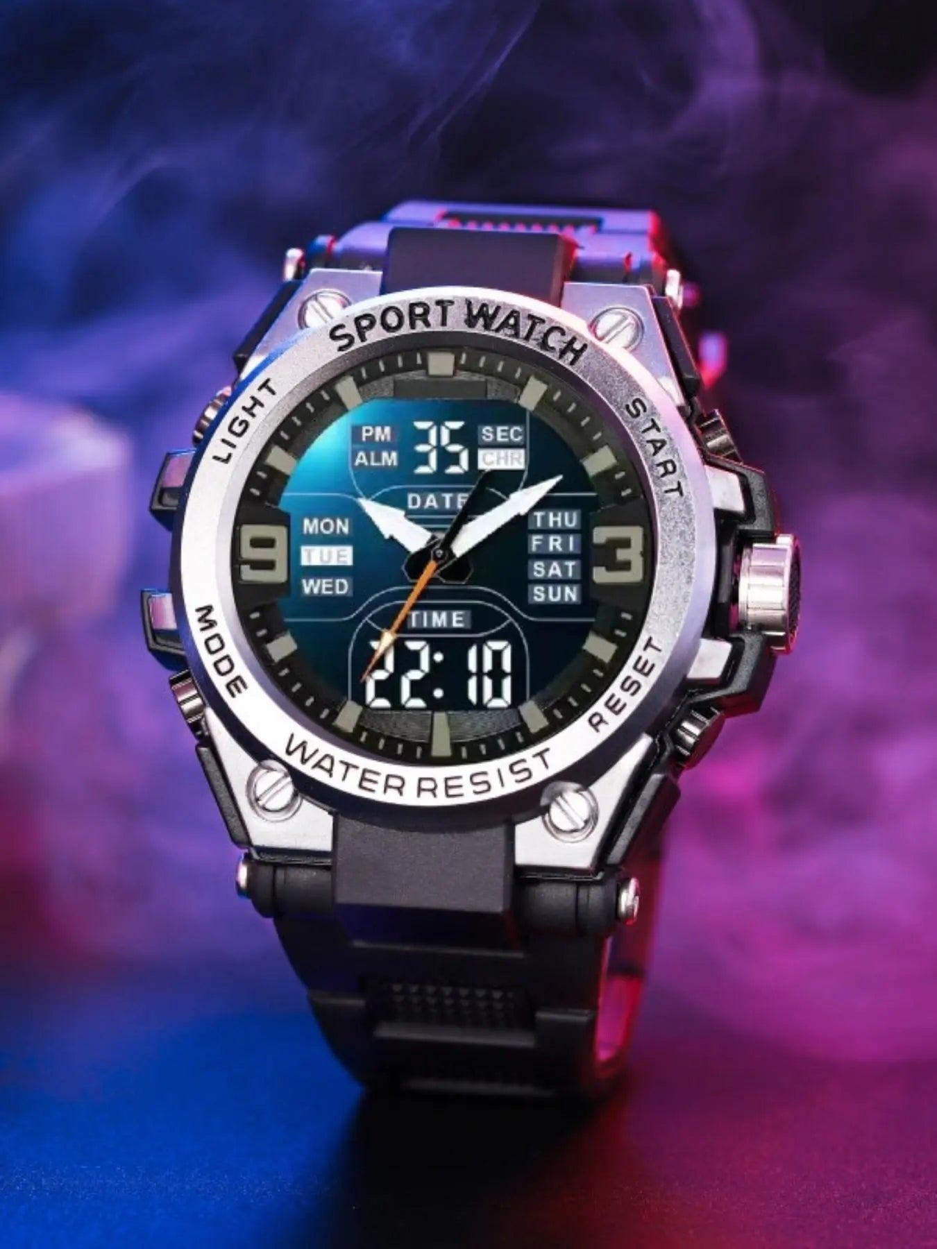Men'S Teenager School Student Trendy Multifunctional Night Light Alarm Waterproof Sports Watch, Analog Digital Quartz, round Face, Blue Dial, Sporty Style