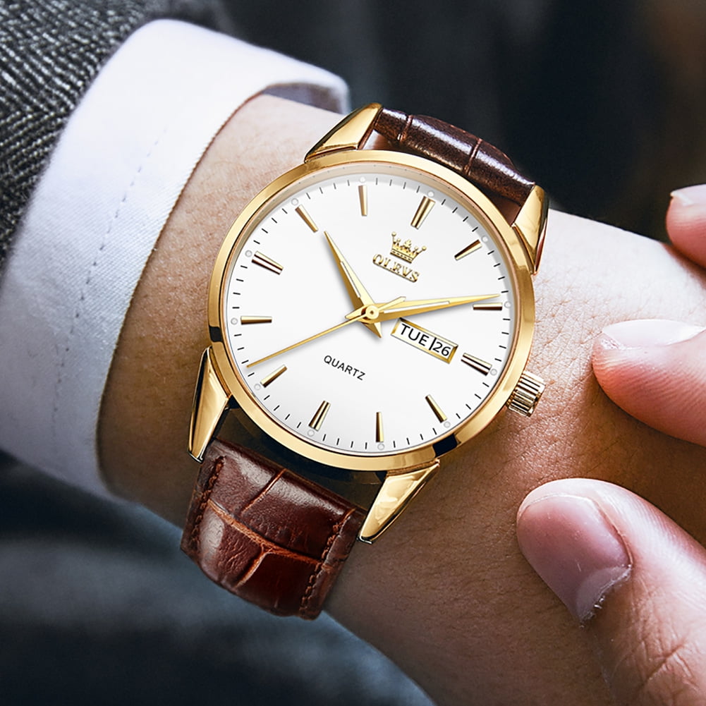 Mens Watches,Brown Leather Watch for Men,Gold Plated Case Analog Quartz Fashion Business Dress Watch Luminous Waterproof Casual Male Wrist Watches Reloj Para Hombre