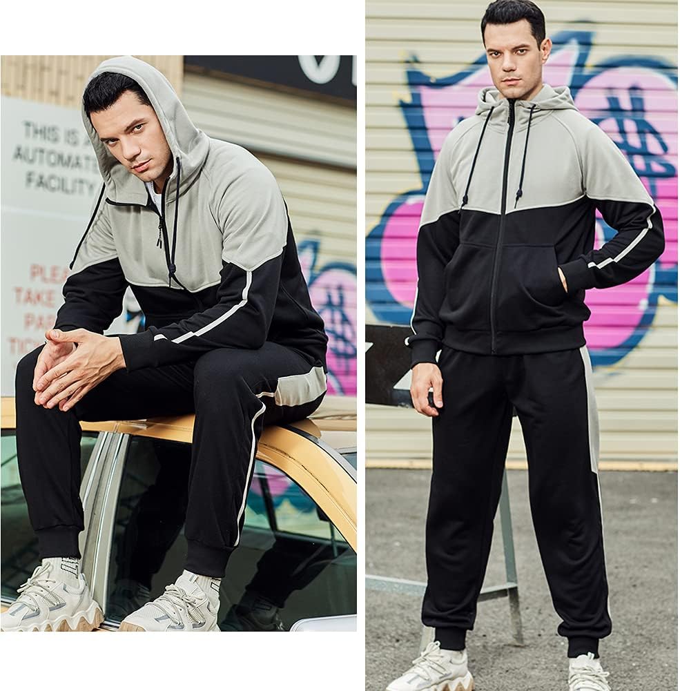 Elevate Your Style with the CALUOMATT Men's Hooded Athletic Tracksuit - Full-Zip Jogging Sweatpants Set in Trendy Patchwork Design
