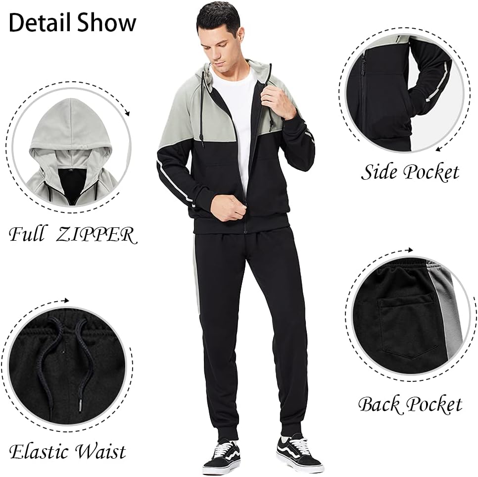 Elevate Your Style with the CALUOMATT Men's Hooded Athletic Tracksuit - Full-Zip Jogging Sweatpants Set in Trendy Patchwork Design