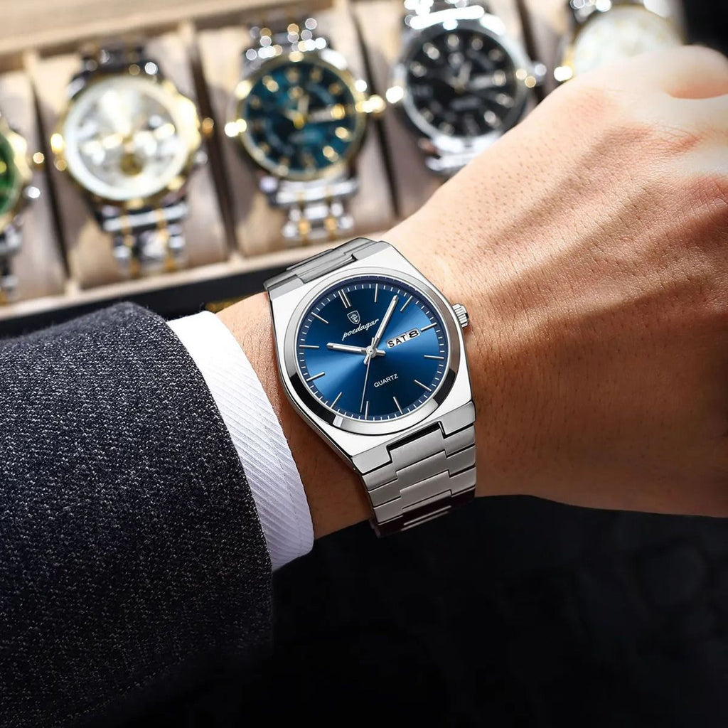 Men Gold Quartz Stainless Steel Fashion Watch Analog Waterproof Luminous Date Wristwatch