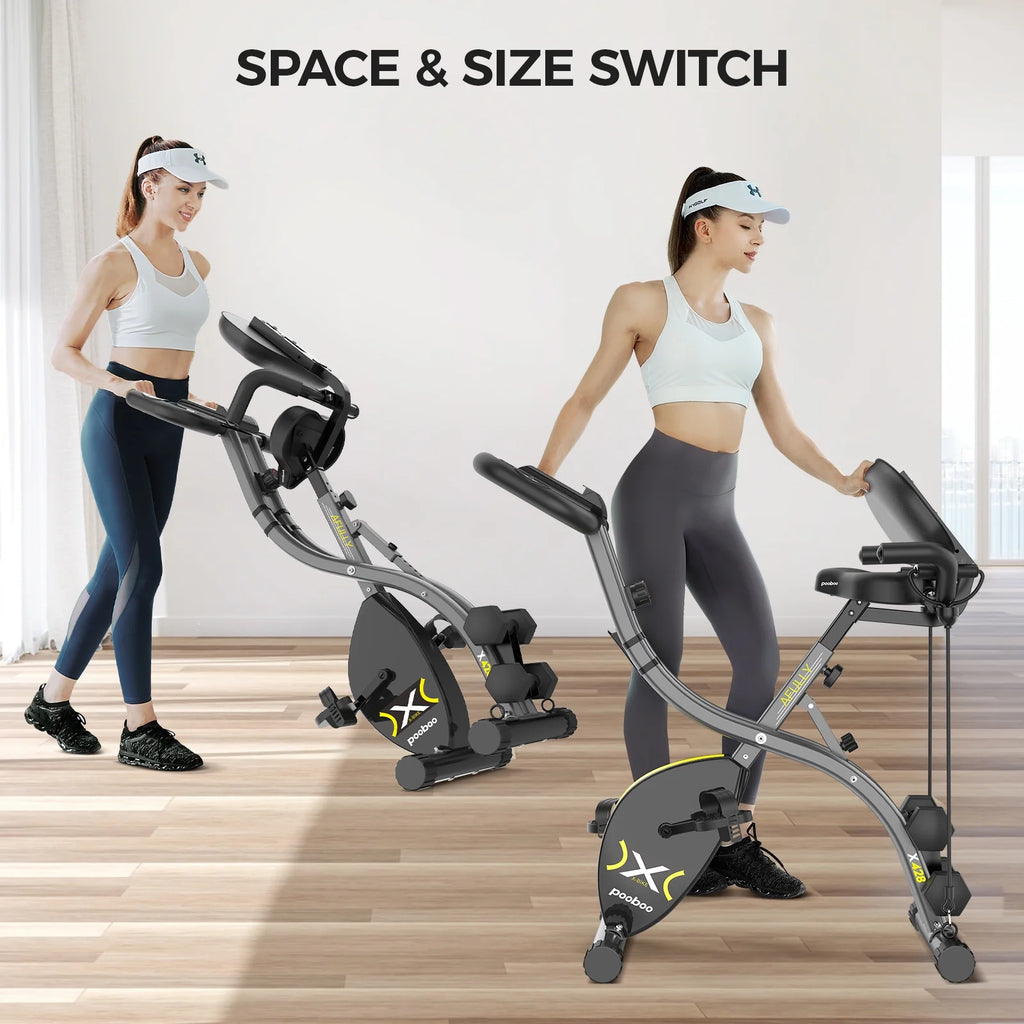 Folding Cycling Bicycle Magnetic Exercise Bike Fitness Indoor Upright Stationary Bike with Dumbbells and Resitance Bands for Home Cardio Workout Weight up to 300 LBS