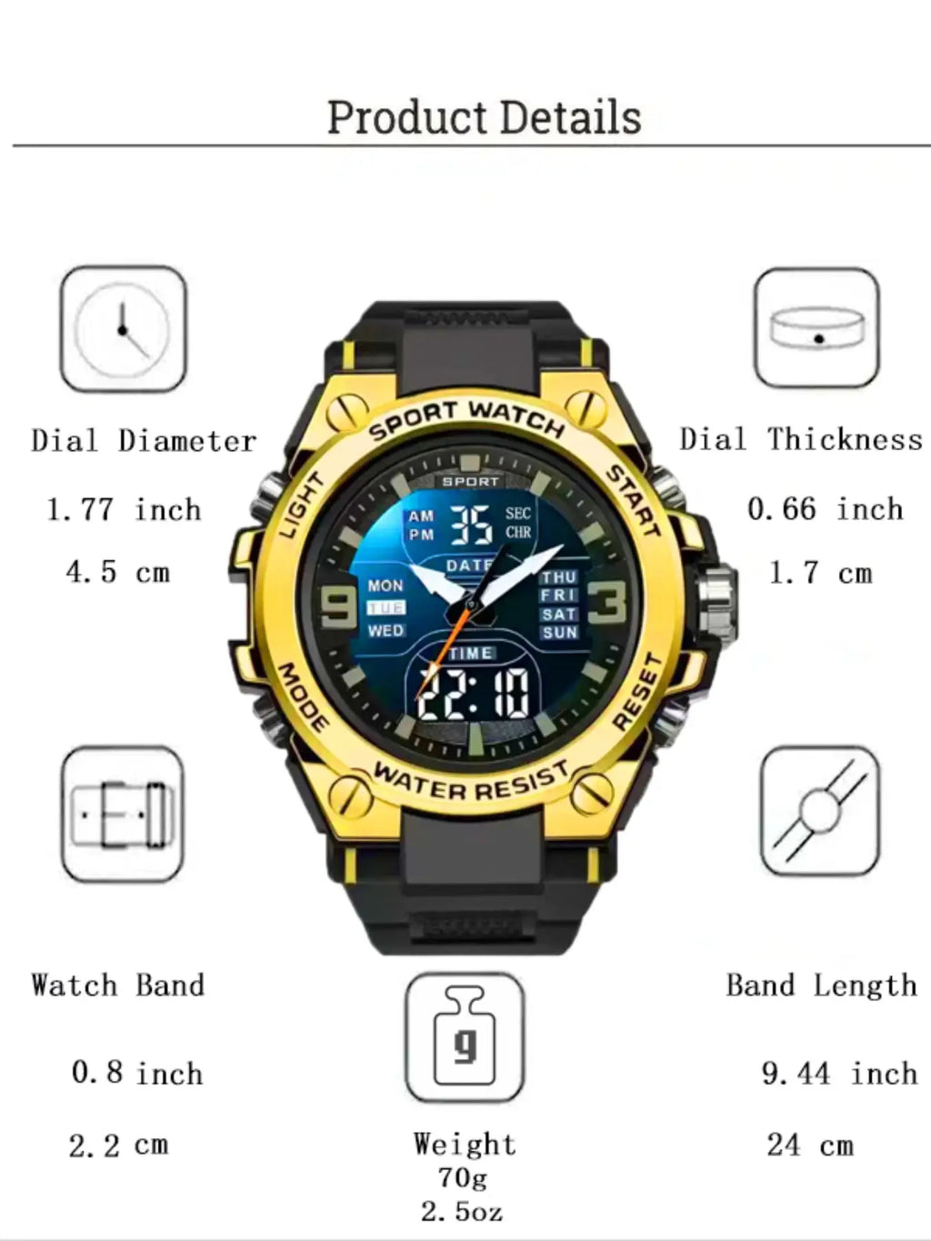 Men'S Teenager School Student Trendy Multifunctional Night Light Alarm Waterproof Sports Watch, Analog Digital Quartz, round Face, Blue Dial, Sporty Style