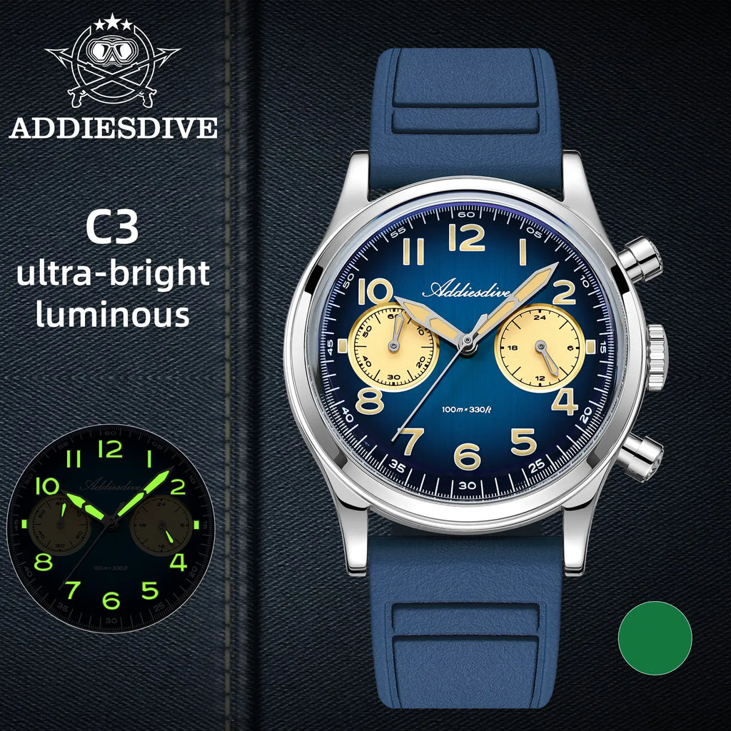 ADDIESDIVE Chronograph Watch Sport Watches for Men- Hybird Movement 38Mm Owl Dial 100M Waterproof Luminous Stop Watch Business Casual Watch Men'S Gift