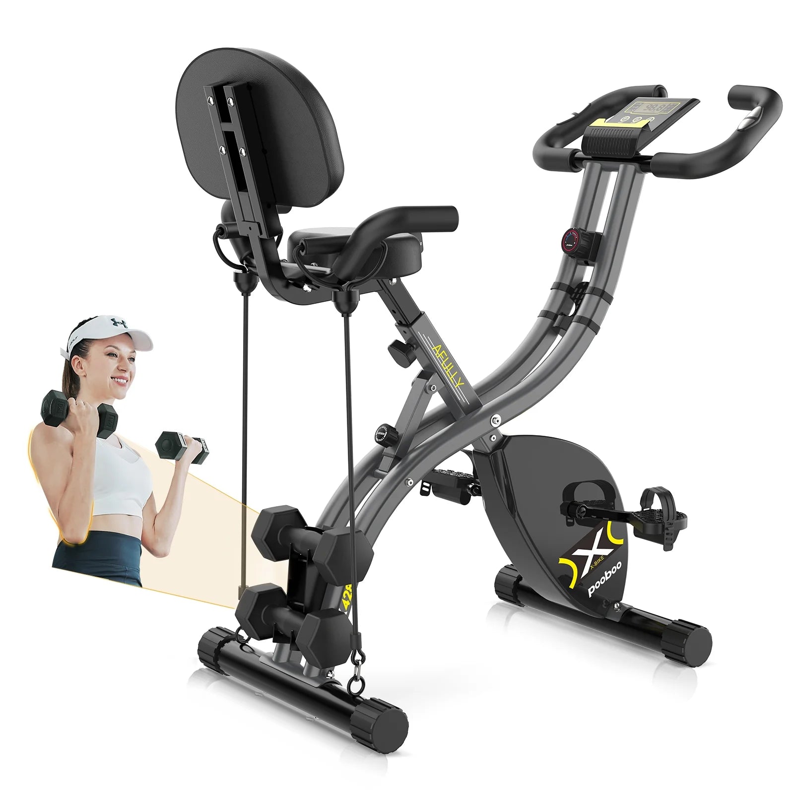 Folding Cycling Bicycle Magnetic Exercise Bike Fitness Indoor Upright Stationary Bike with Dumbbells and Resitance Bands for Home Cardio Workout Weight up to 300 LBS