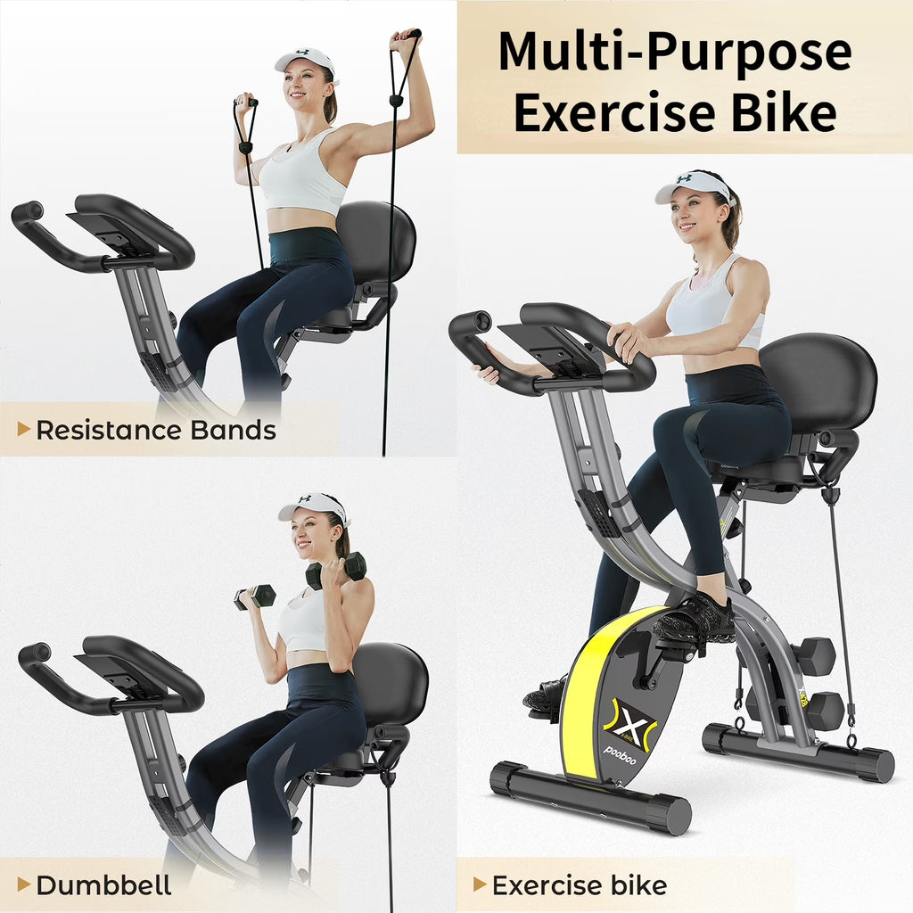 Folding Cycling Bicycle Magnetic Exercise Bike Fitness Indoor Upright Stationary Bike with Dumbbells and Resitance Bands for Home Cardio Workout Weight up to 300 LBS