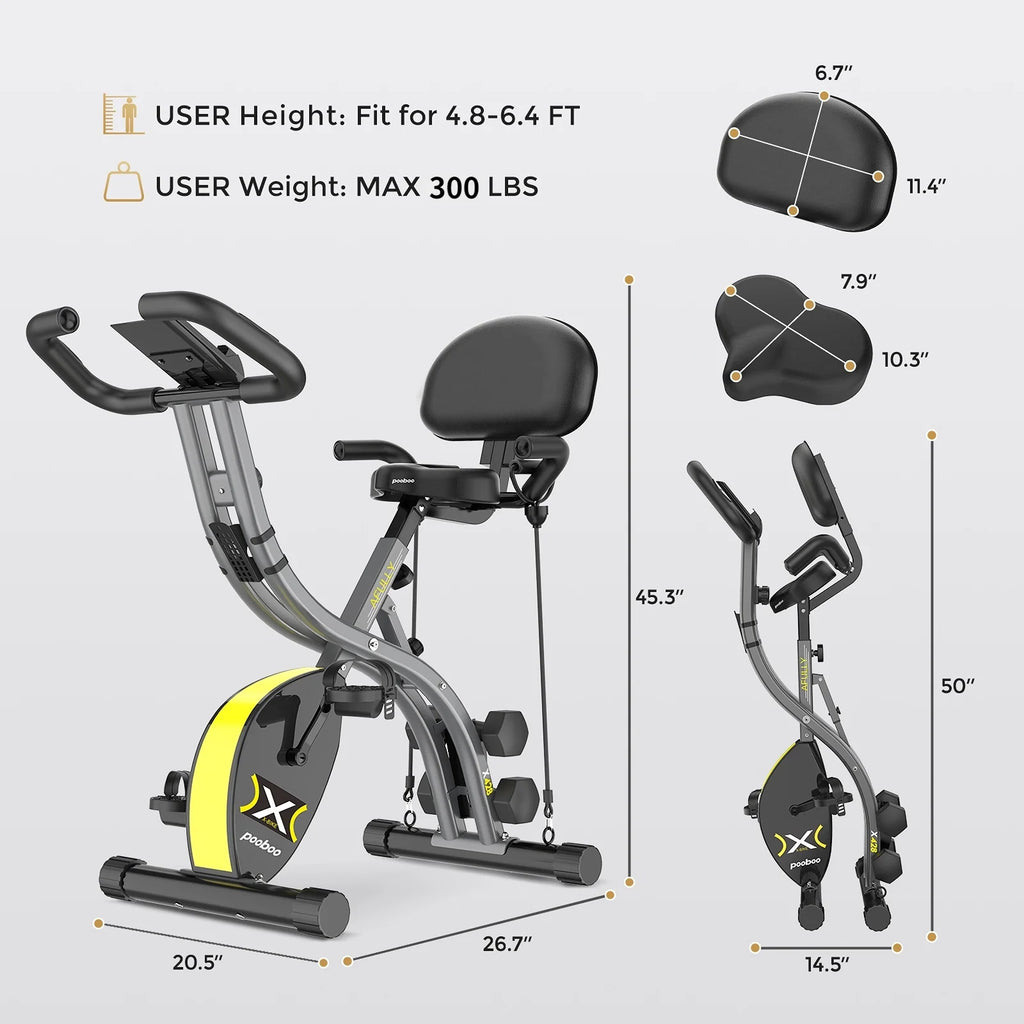 Folding Cycling Bicycle Magnetic Exercise Bike Fitness Indoor Upright Stationary Bike with Dumbbells and Resitance Bands for Home Cardio Workout Weight up to 300 LBS