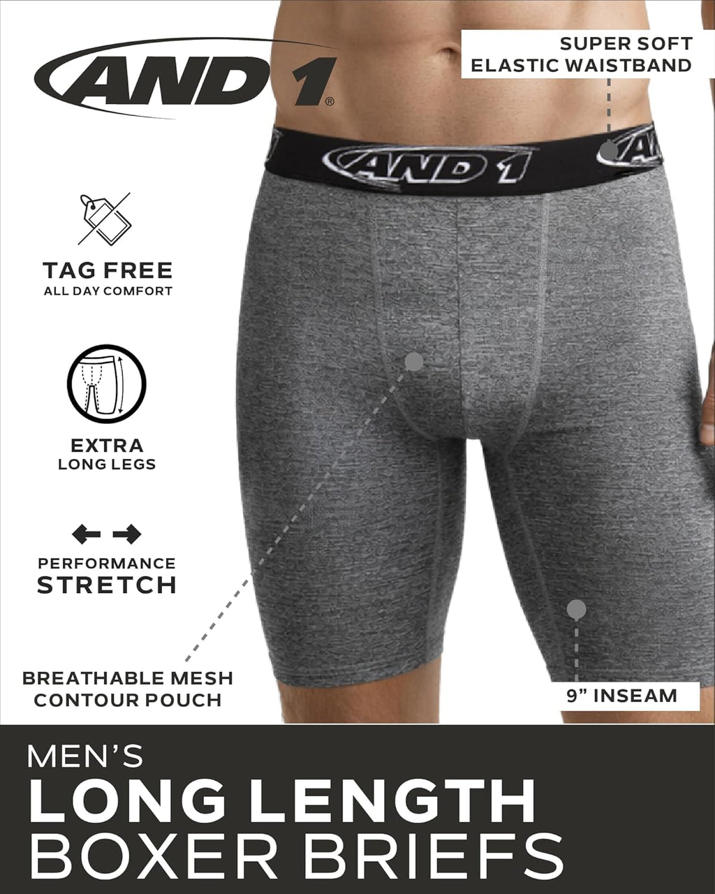 Mens Underwear Boxer Briefs - 5 Pack Performance Stretch Long Leg Boxers for Men with Contour Support Pouch, 9" Inseam