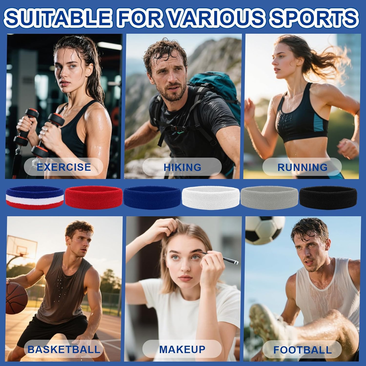 6 Pcs Sports Sweatband for Men & Women - Outdoor Yoga Hair Tie Solid Color Sweatband for Fitness, Tennis, Running, Hiking