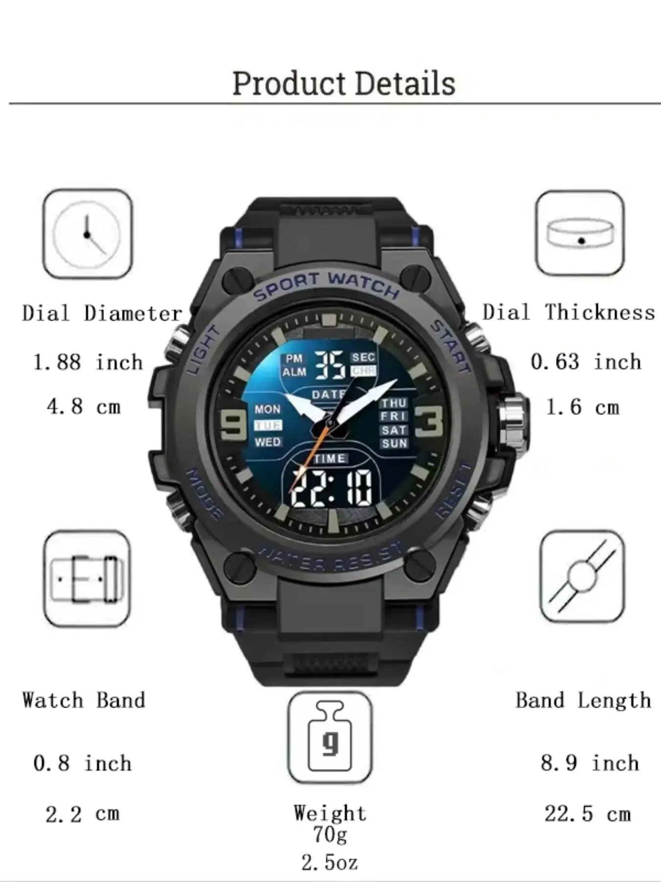 Men'S Teenager School Student Trendy Multifunctional Night Light Alarm Waterproof Sports Watch, Analog Digital Quartz, round Face, Blue Dial, Sporty Style