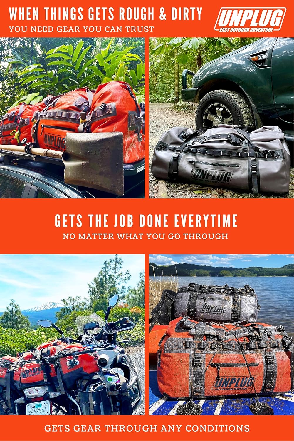 UNPLUG Ultimate Adventure | 1680D Heavy Duty Waterproof Bag | Large Travel Bag Which Can Be Used for Camping, Motorcycling, Boating, or Hunting|155L Adventure Orange