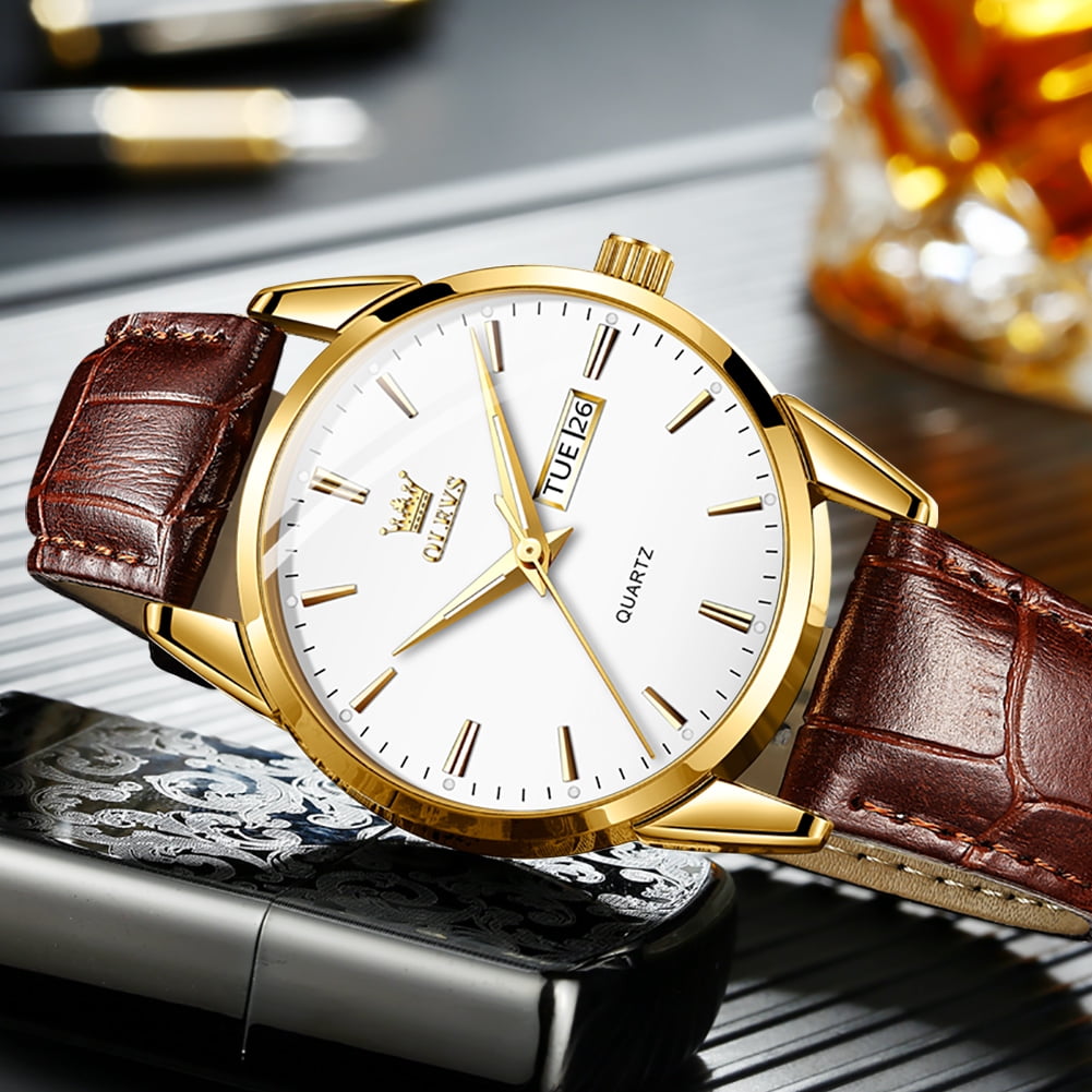 Mens Watches,Brown Leather Watch for Men,Gold Plated Case Analog Quartz Fashion Business Dress Watch Luminous Waterproof Casual Male Wrist Watches Reloj Para Hombre