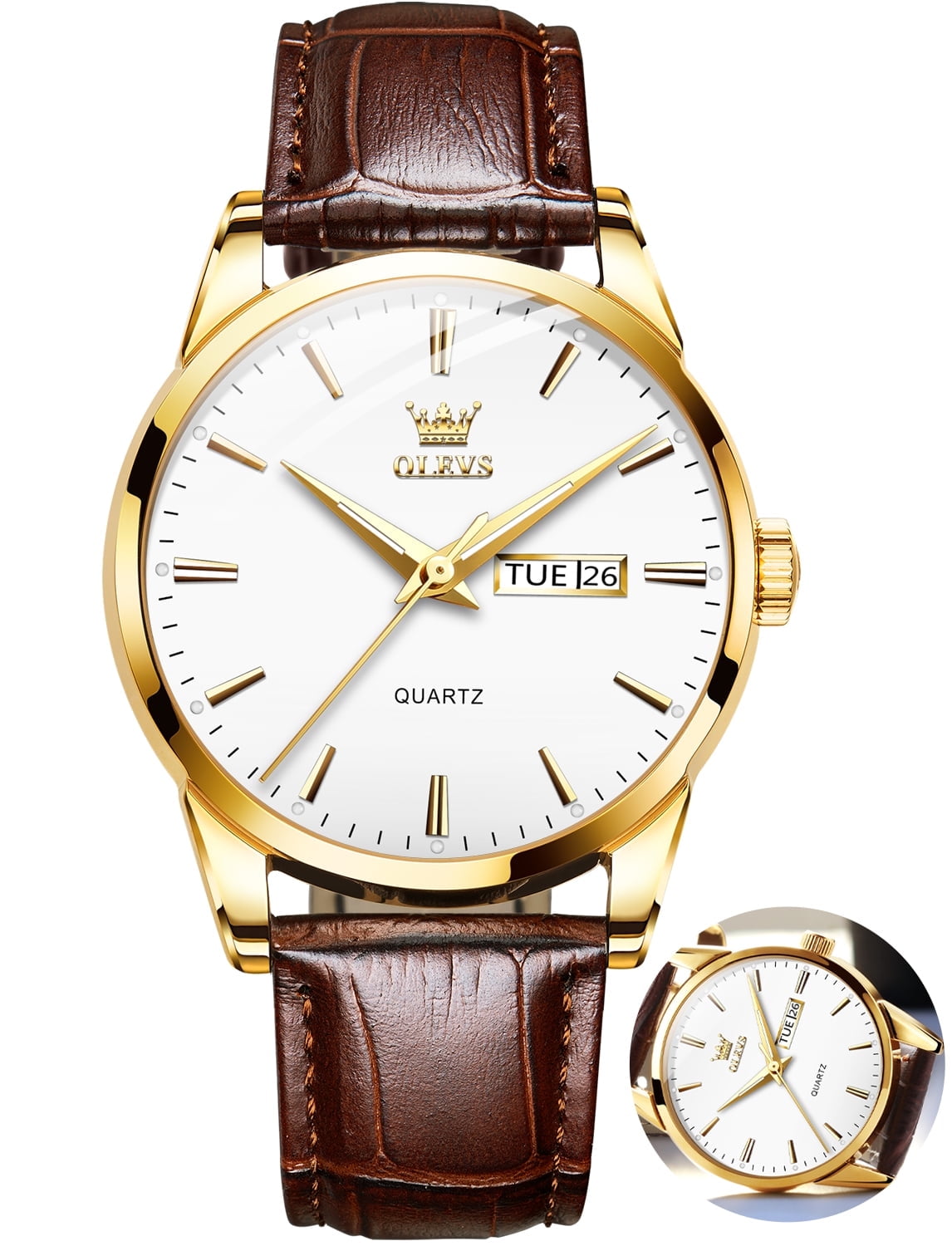 Mens Watches,Brown Leather Watch for Men,Gold Plated Case Analog Quartz Fashion Business Dress Watch Luminous Waterproof Casual Male Wrist Watches Reloj Para Hombre