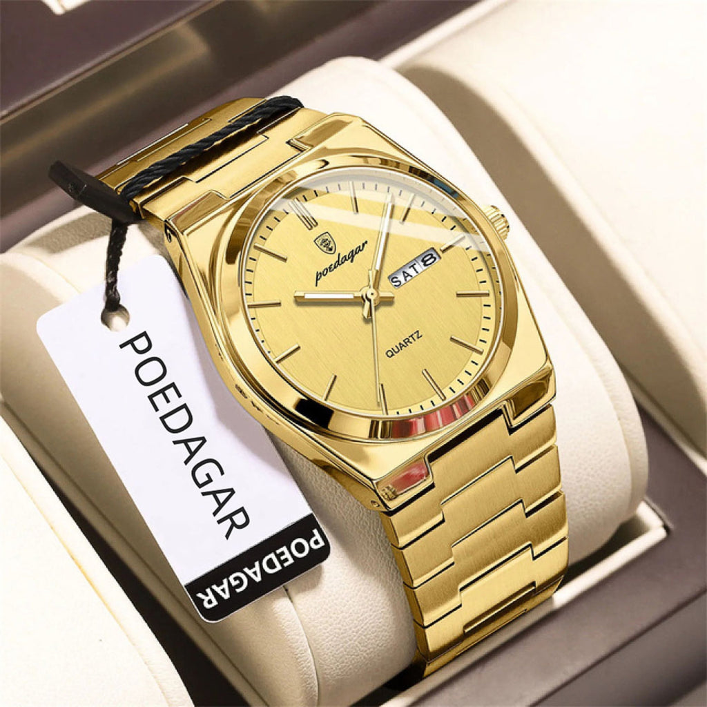 Men Gold Quartz Stainless Steel Fashion Watch Analog Waterproof Luminous Date Wristwatch