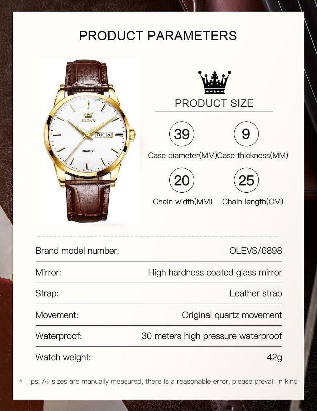 Mens Watches,Brown Leather Watch for Men,Gold Plated Case Analog Quartz Fashion Business Dress Watch Luminous Waterproof Casual Male Wrist Watches Reloj Para Hombre