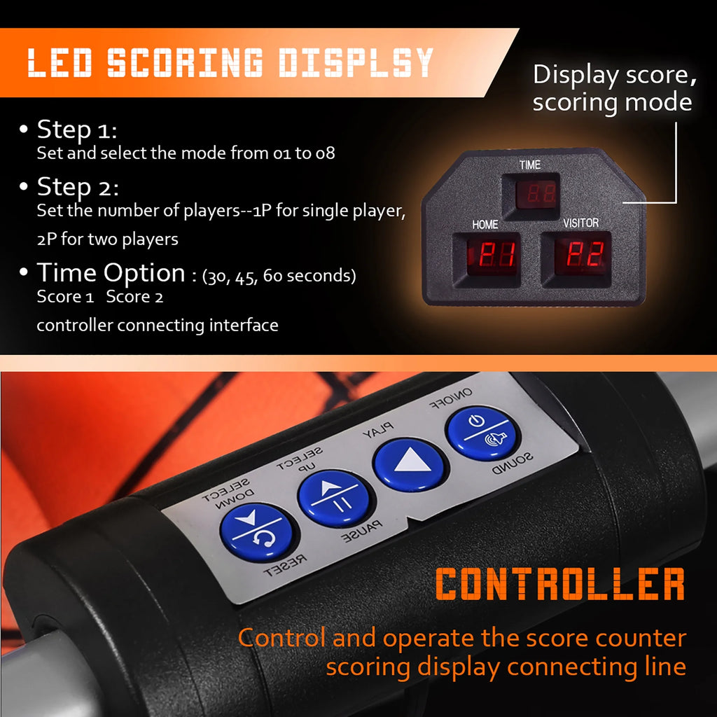Dual LED Electronic Shot Basketball Arcade Game with 8 Game Modes 4 Balls Foldable Grey