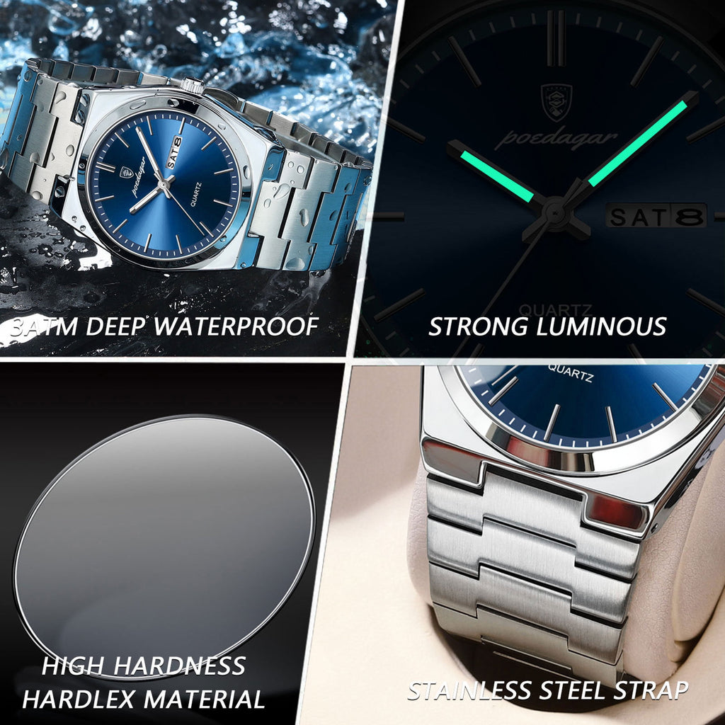 Men Gold Quartz Stainless Steel Fashion Watch Analog Waterproof Luminous Date Wristwatch
