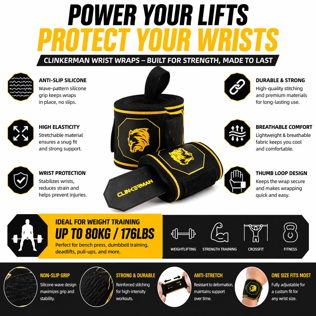 Wrist Wraps for Weightlifting & Gym Training – Anti-Slip, Adjustable, Durable Polyester & Silicone Support for Strength, Crossfit, and Powerlifting