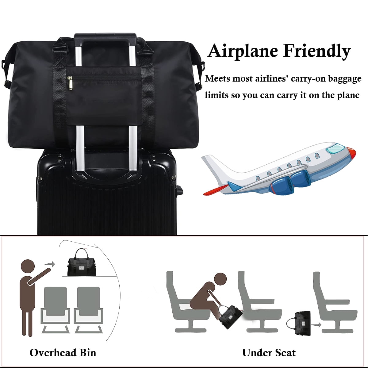 37L Travel Duffle Bag, Waterproof Weekender Carry on Tote Bags for Women, Sport Gym Bag for Men, Hospital Bag for Labor and Delivery, Overnight Luggage Bag with Trolley Sleeve Coral, Black