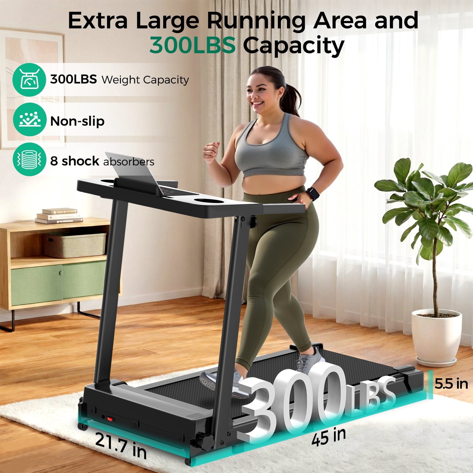 Treadmill, 3.0 HP Walking Pad Treadmill for Home, Folding Running Treadmill with 300 Lbs Capacity, LED Display