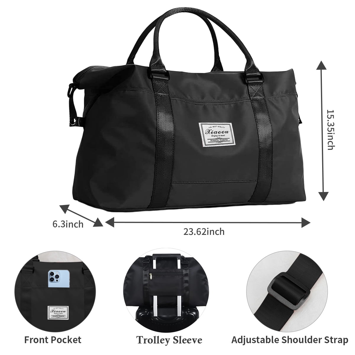 37L Travel Duffle Bag, Waterproof Weekender Carry on Tote Bags for Women, Sport Gym Bag for Men, Hospital Bag for Labor and Delivery, Overnight Luggage Bag with Trolley Sleeve Coral, Black