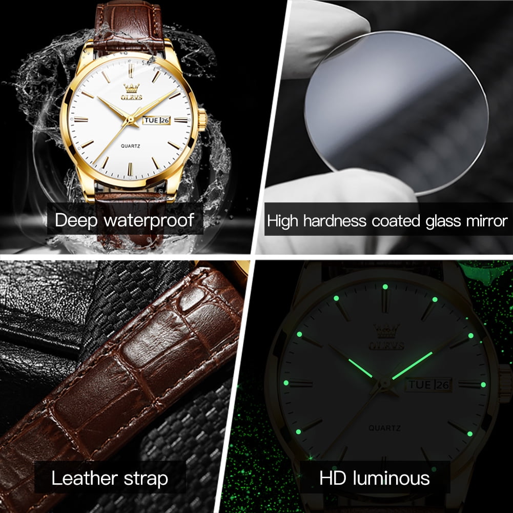 Mens Watches,Brown Leather Watch for Men,Gold Plated Case Analog Quartz Fashion Business Dress Watch Luminous Waterproof Casual Male Wrist Watches Reloj Para Hombre