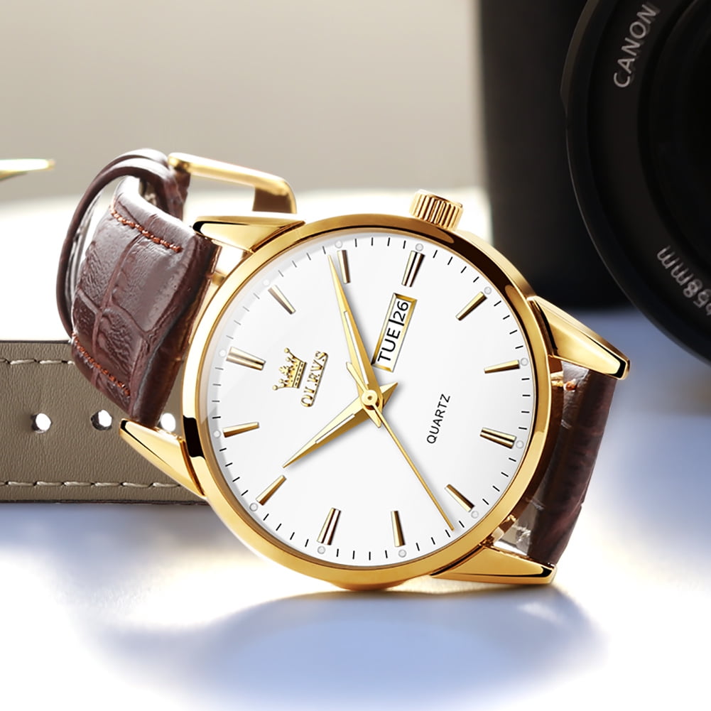 Mens Watches,Brown Leather Watch for Men,Gold Plated Case Analog Quartz Fashion Business Dress Watch Luminous Waterproof Casual Male Wrist Watches Reloj Para Hombre