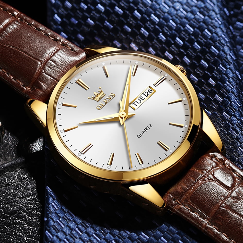 Mens Watches,Brown Leather Watch for Men,Gold Plated Case Analog Quartz Fashion Business Dress Watch Luminous Waterproof Casual Male Wrist Watches Reloj Para Hombre