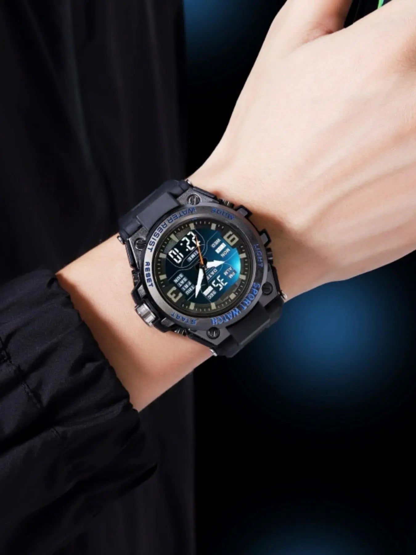Men'S Teenager School Student Trendy Multifunctional Night Light Alarm Waterproof Sports Watch, Analog Digital Quartz, round Face, Blue Dial, Sporty Style